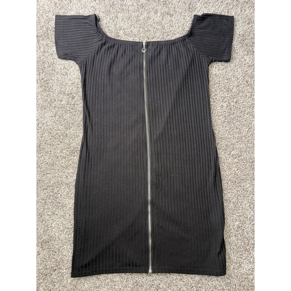 Say What? Black Ribbed Off Shoulder Zip Front Mini Dress XL Y2K